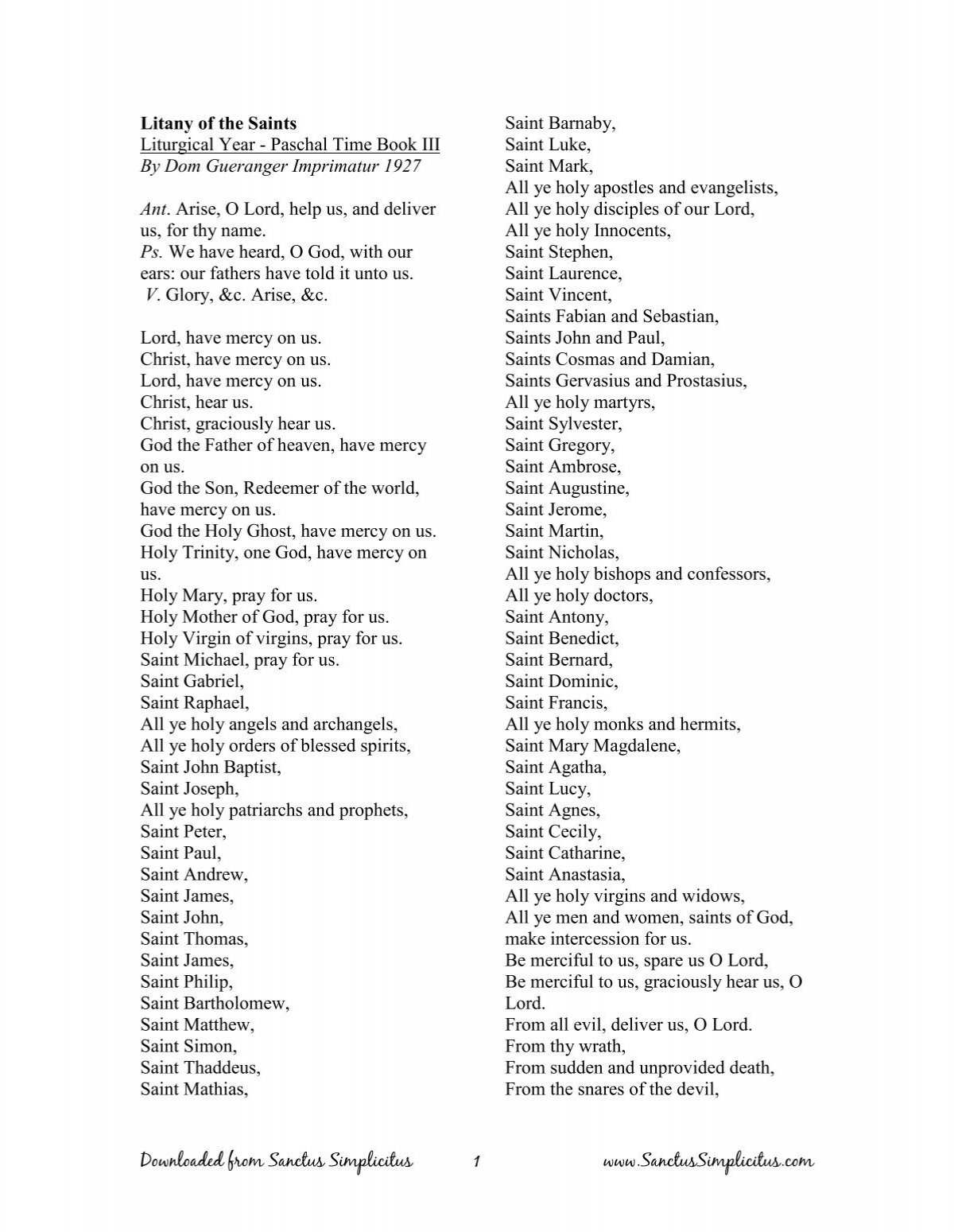 Download The Litany Of Saints Here - Sanctus Simplicitus throughout Printable Litany Of The Saints