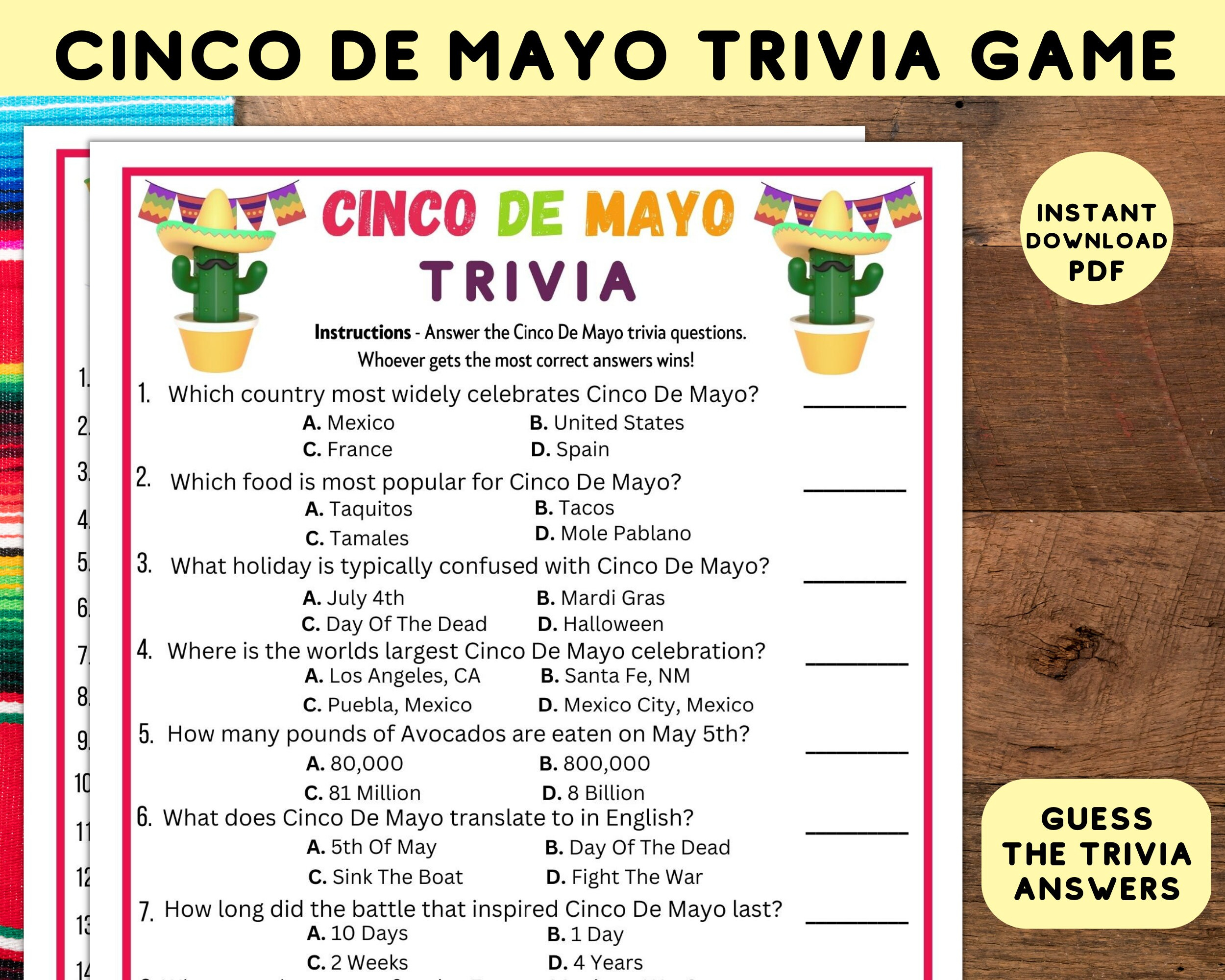 Druckbare Cinco De Mayo Trivia Party Spiel | Sofortiger Download for Cinco De Mayo Trivia Printable