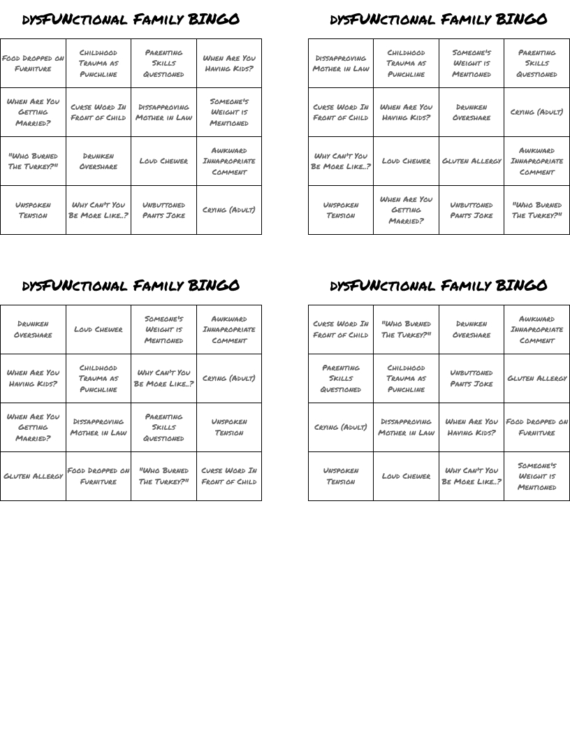 Dysfunctional Family Bingo - Wordmint throughout Dysfunctional Family Bingo Card