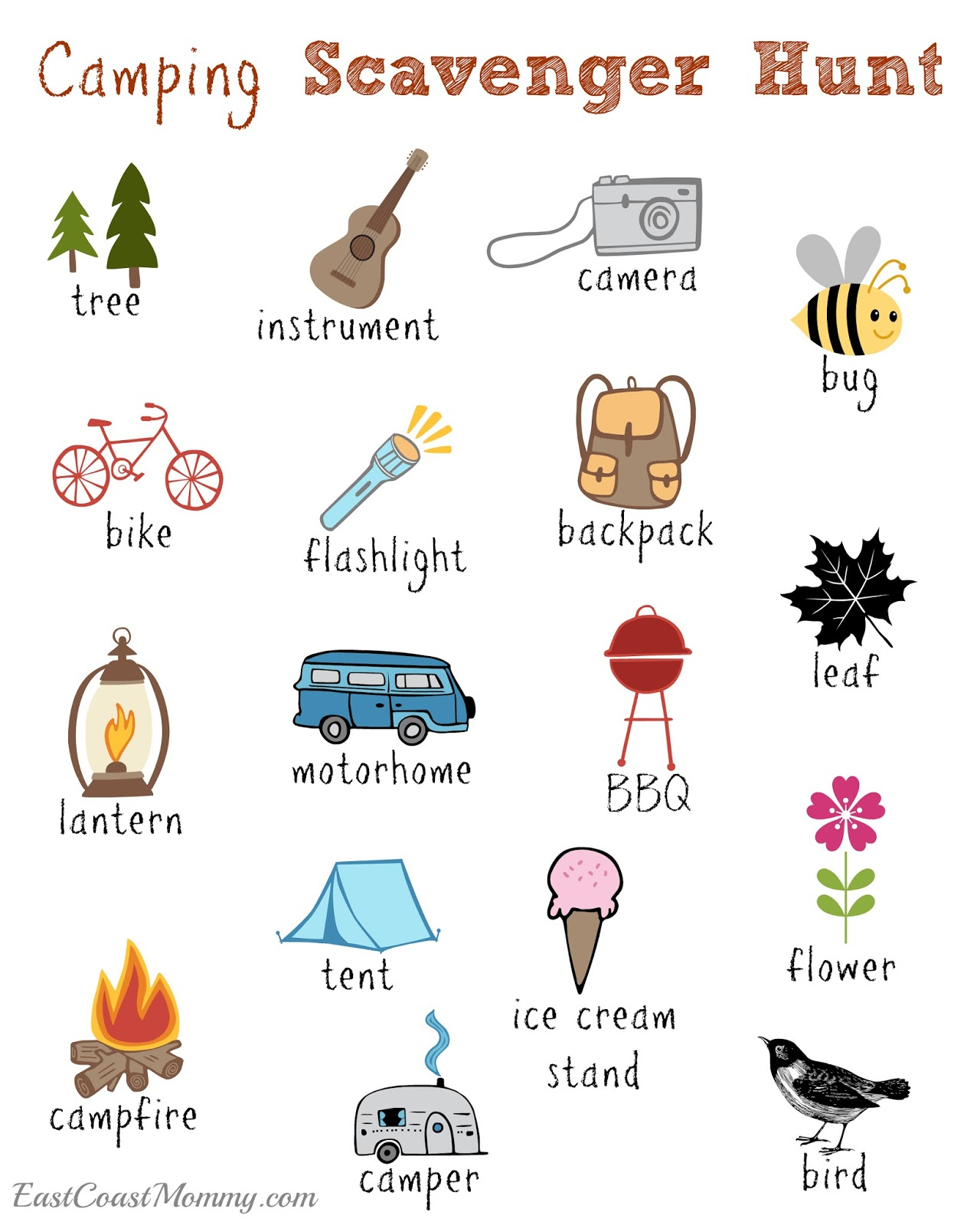 East Coast Mommy: Camping Scavenger Hunt (Free Printable) in Free Printable Scavenger Hunt Camping
