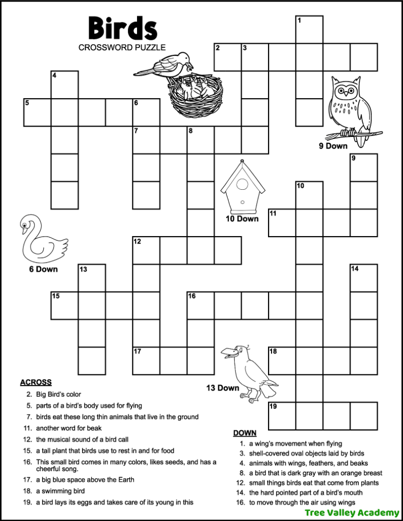 Easy Bird Crossword - Tree Valley Academy with regard to Easy Crossword Puzzles Printable Free