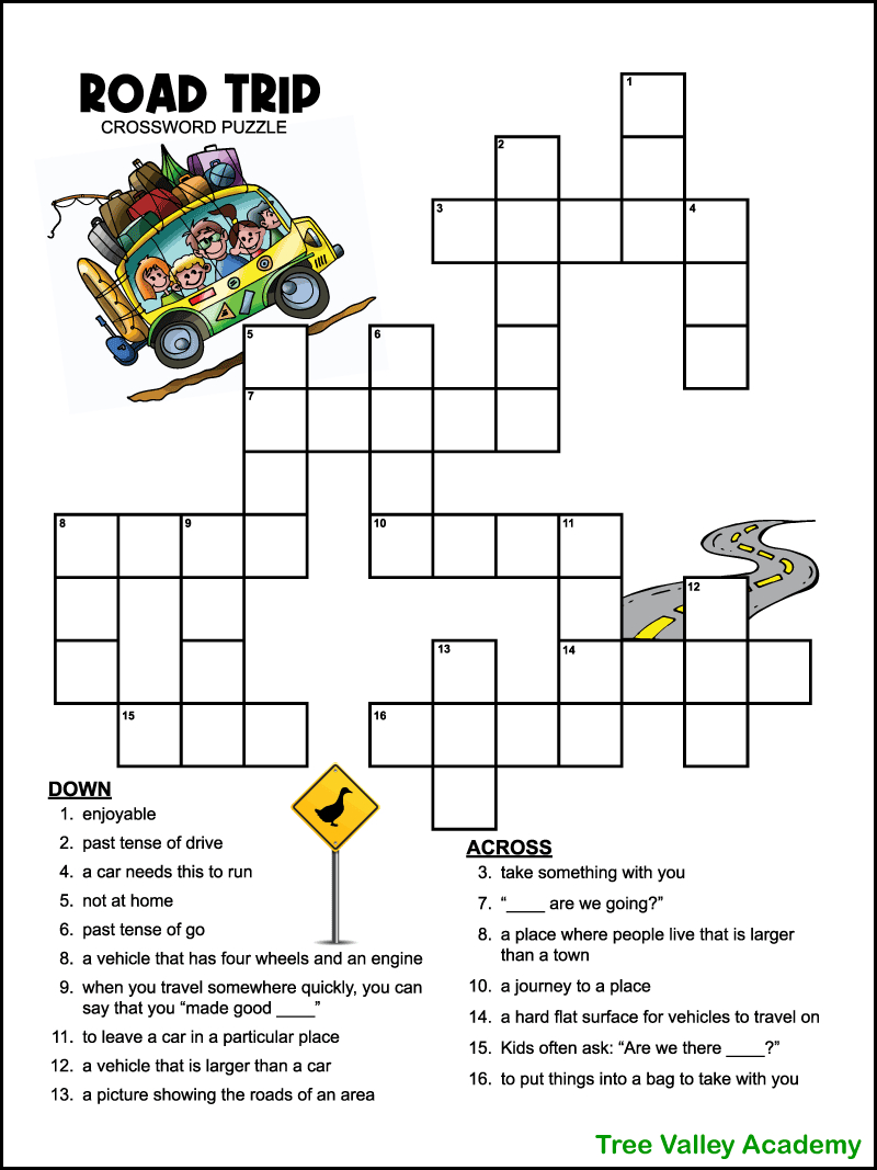 Easy Road Trip Crossword Puzzle For Kids - Tree Valley Academy inside Crossword Easy Printable