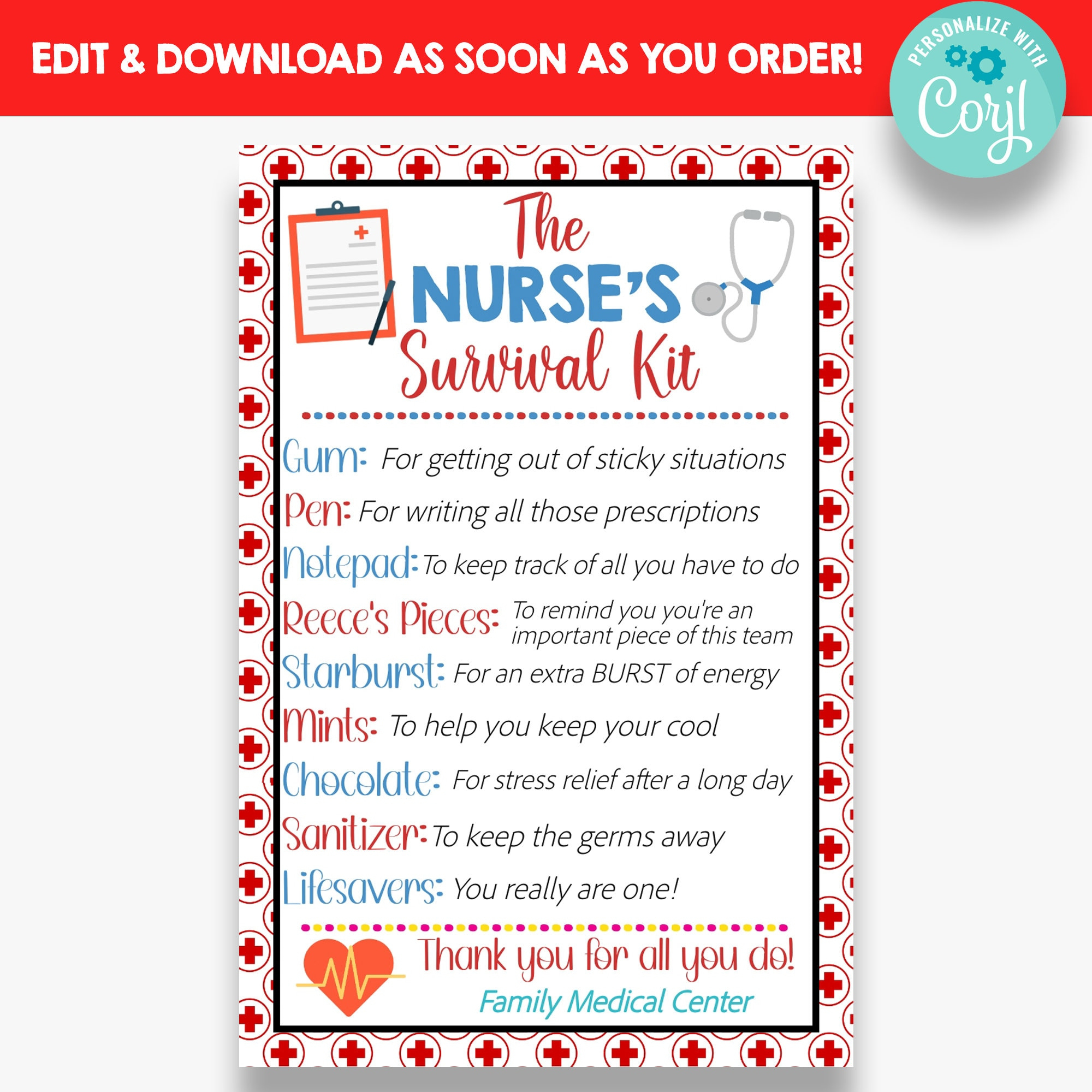 Editable Nurse&amp;#039;S Survival Kit Tag | Nurse Appreciation Gift Idea throughout Free Printable Nursing Survival Kit Template