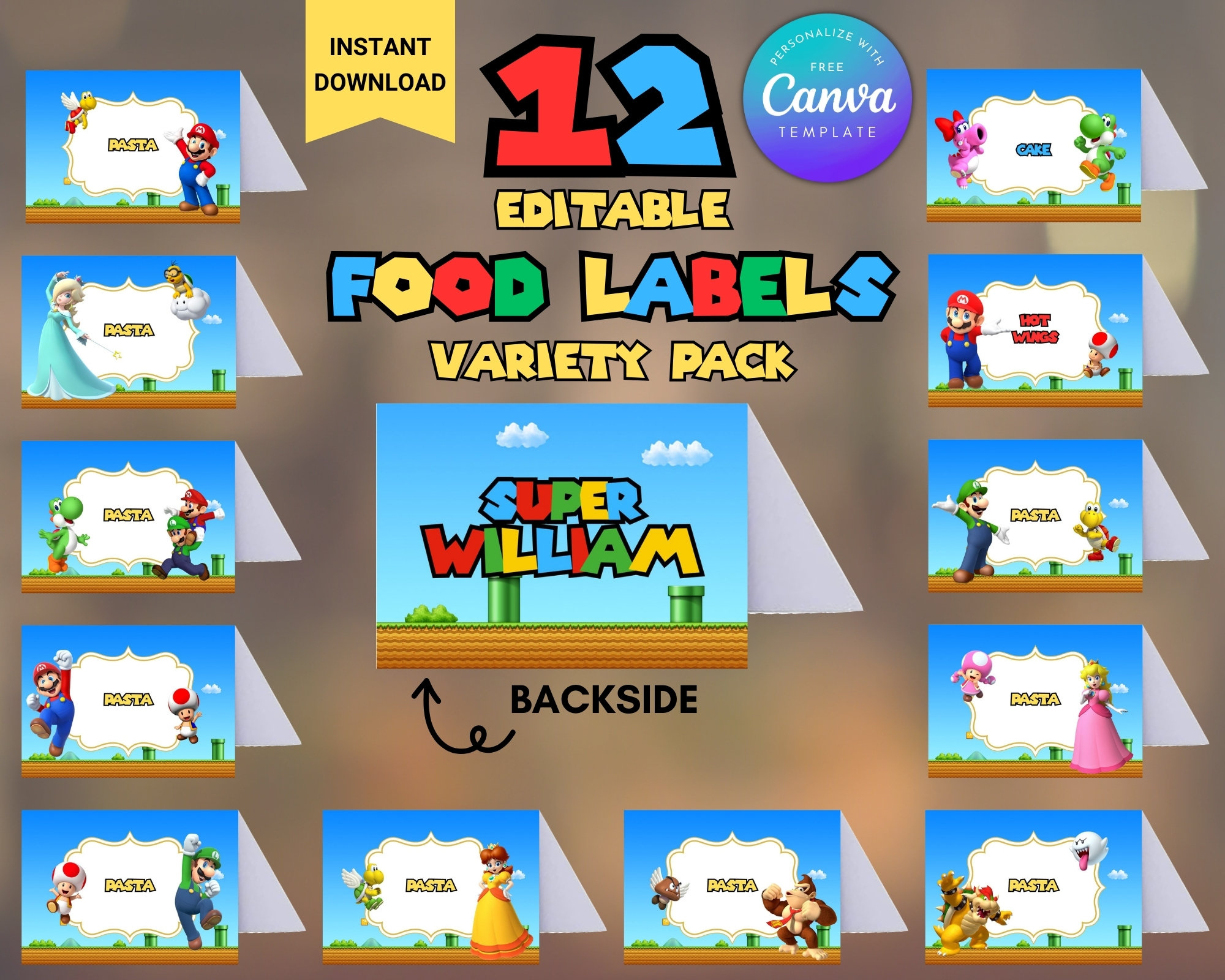 Editable Super Mario Food Tent Birthday Party Food Labels Instant with Free Printable Mario Food Labels