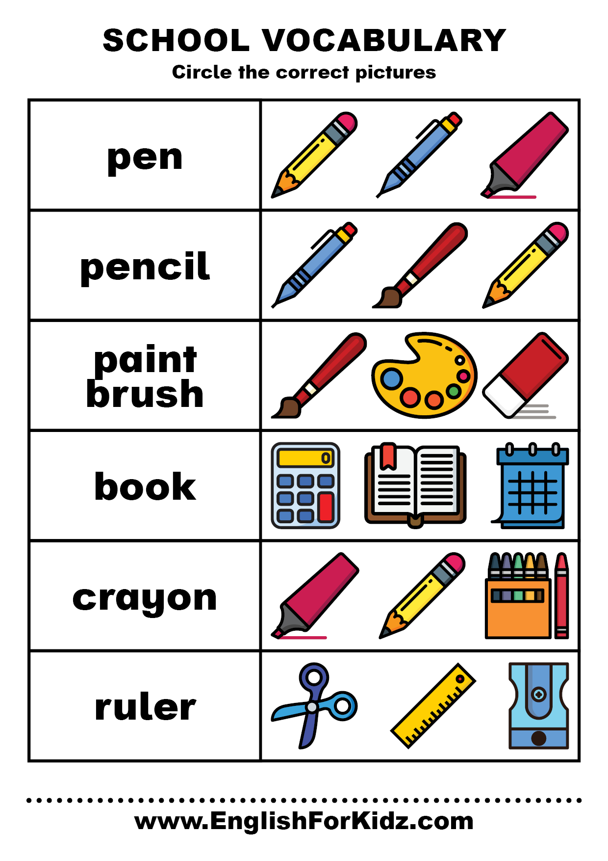 English For Kids Stepstep: School Vocabulary Worksheets (Free Pdf) for Vocabulary Printable Worksheets For Grade 1