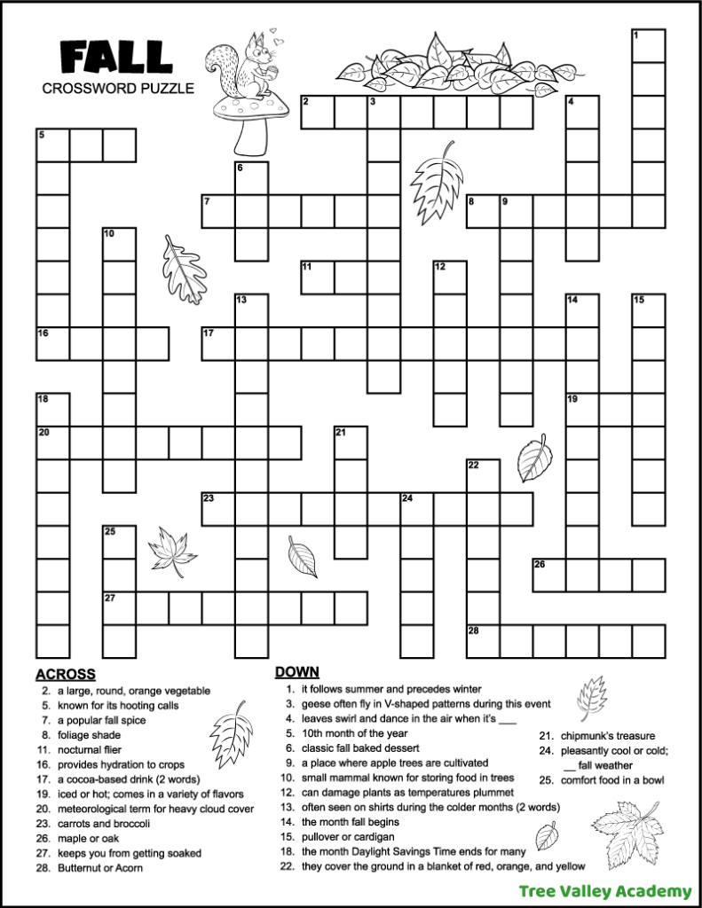 Fall Crossword Puzzle For Middle School - Tree Valley Academy with regard to Crossword Search Puzzles Printable