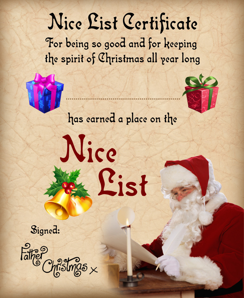 Father Christmas Certificate: Nice List | Rooftop Post Christmas for Free Printable Nice List Certificates From Santa