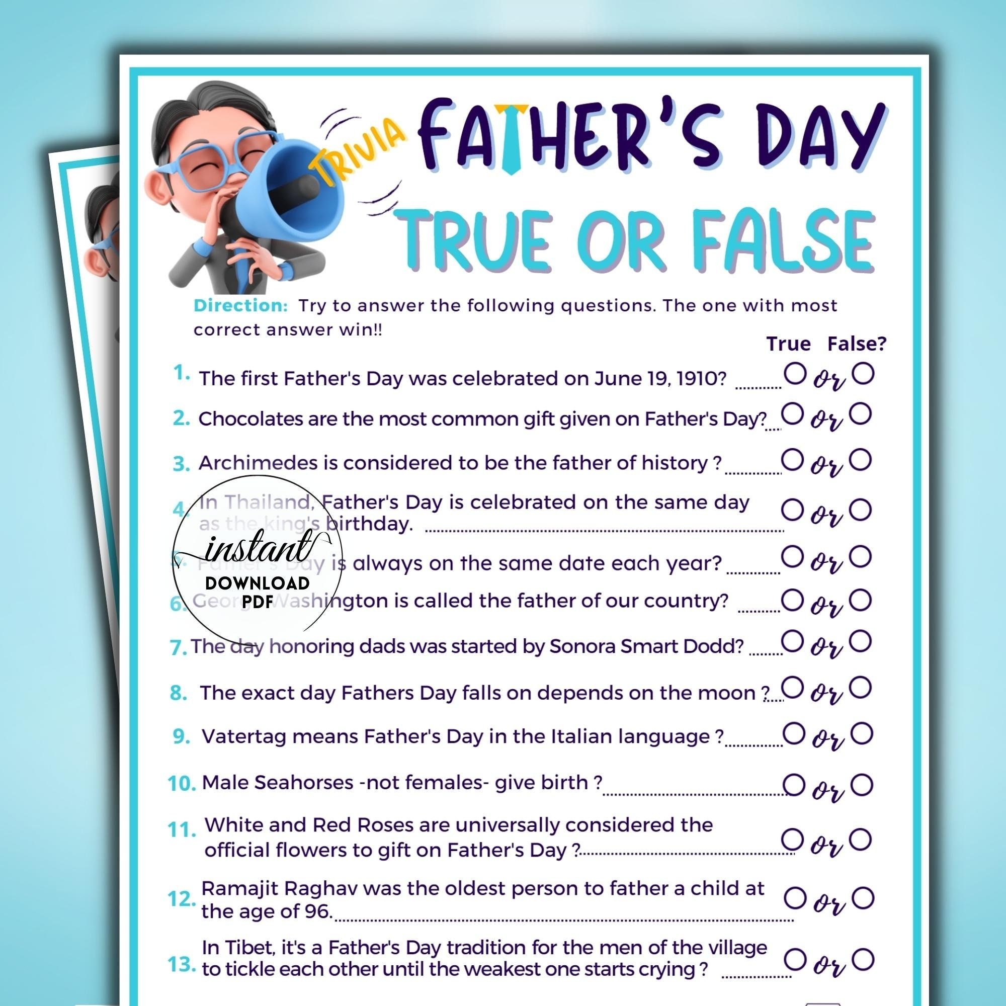 Father&amp;#039;S Day Trivia Game, True Or False Questionnaire Game regarding Father&amp;amp;#039;s Day Trivia Questions and Answers Printable