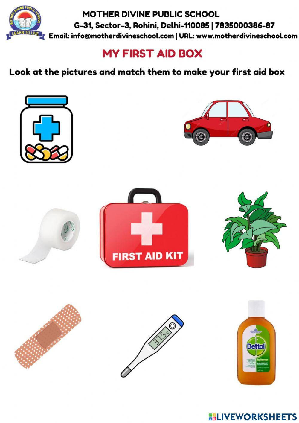 First Aid Kit Exercise For Grade Nursery &amp;amp; Kg | Live Worksheets for Printable First Aid Kit Worksheet