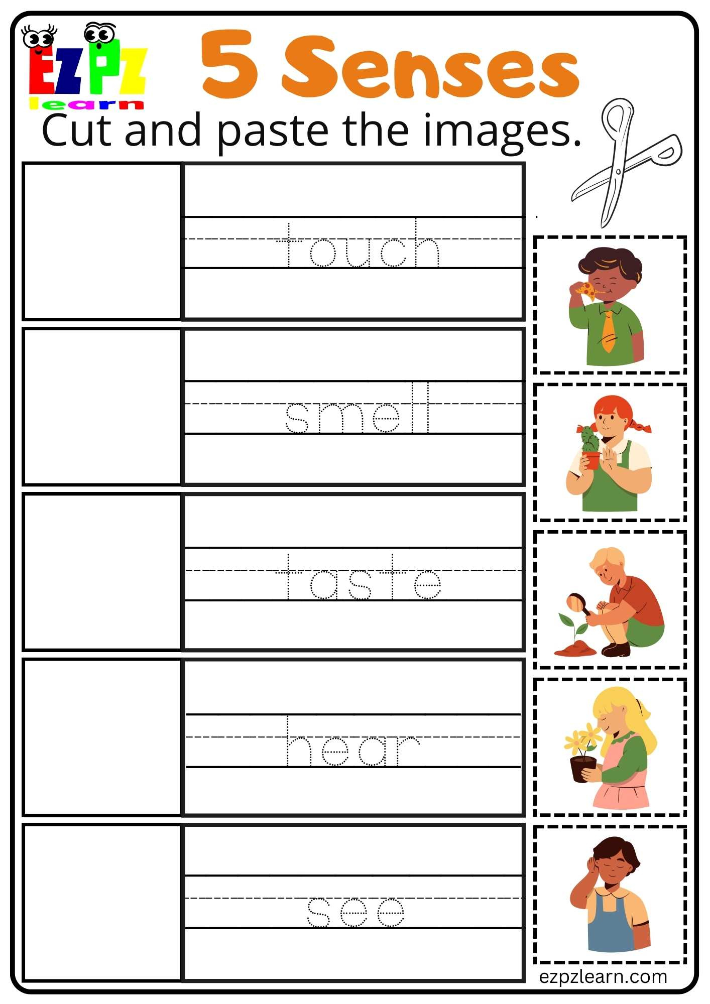 Five Senses Cut And Paste Worksheet For Kindergarten And Esl with regard to Free Printable Worksheets K 5