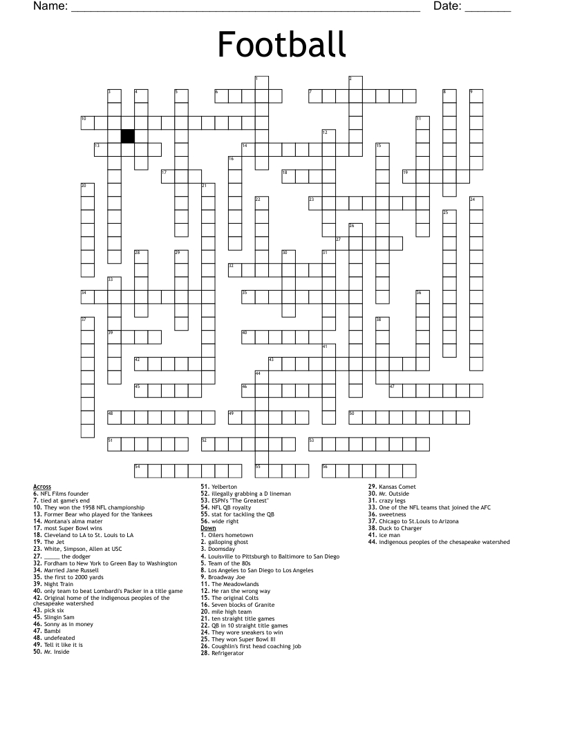 Football Crossword - Wordmint within Football Crosswords Printable