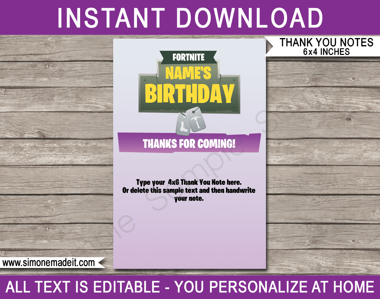 Fortnite Party Thank You Cards Template - Purple throughout Fortnite Birthday Cards Printable