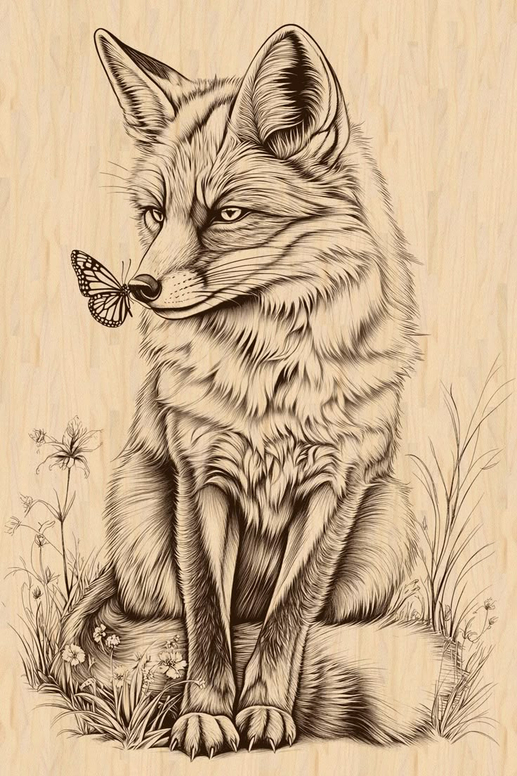Fox And Butterfly Laser Engraving File, Ready To Engrave Png inside Free Printable Wildlife Wood Burning Patterns