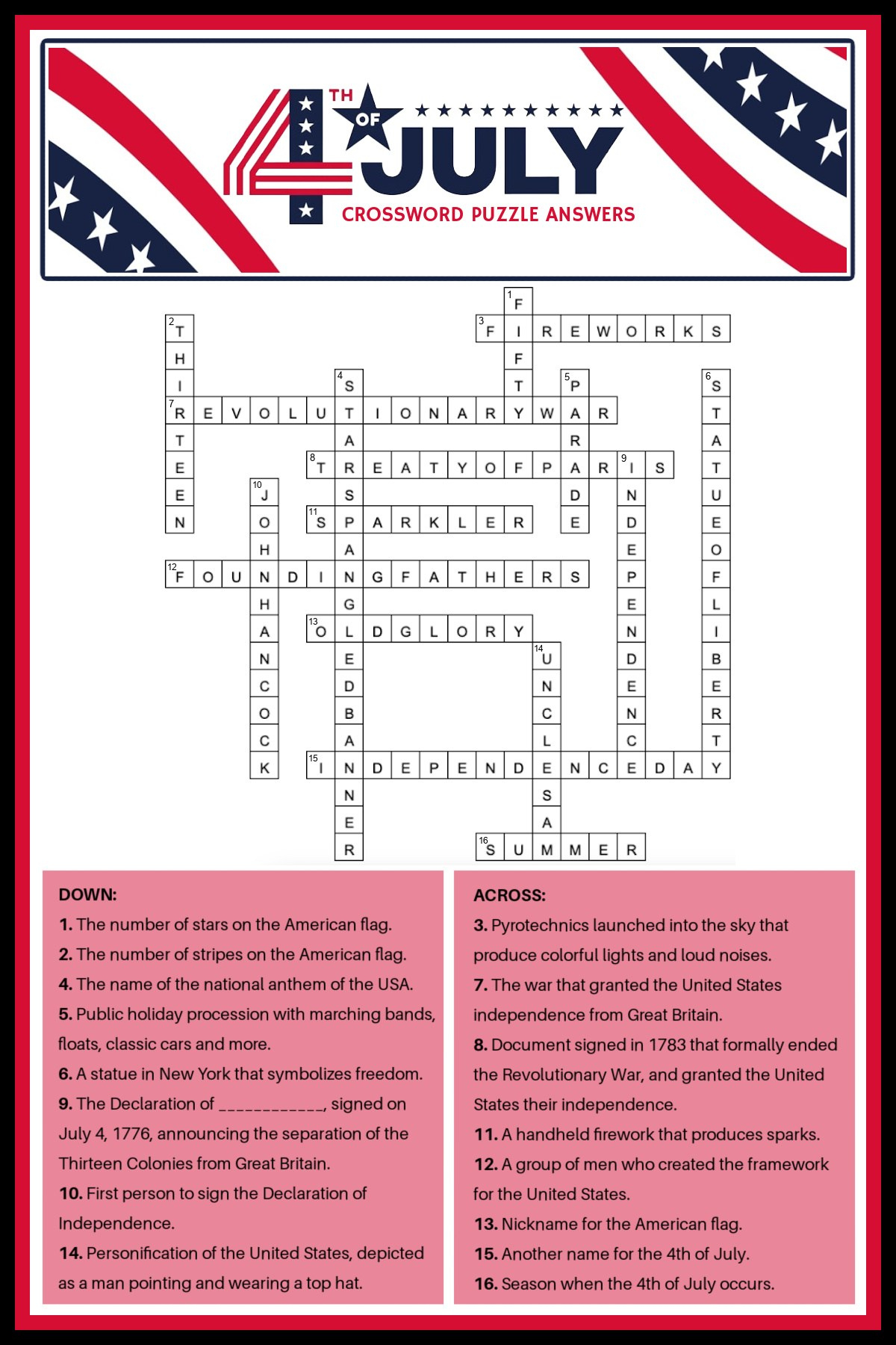 Free 4Th Of July Crossword Puzzle - Answer Key Included within 4th July Crossword Puzzle Printables