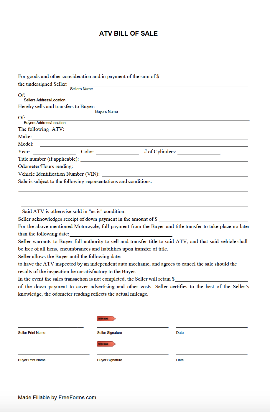 Free All-Terrain Vehicle (Atv) Bill Of Sale Form | Pdf with Free Printable Atv Bill of Sale