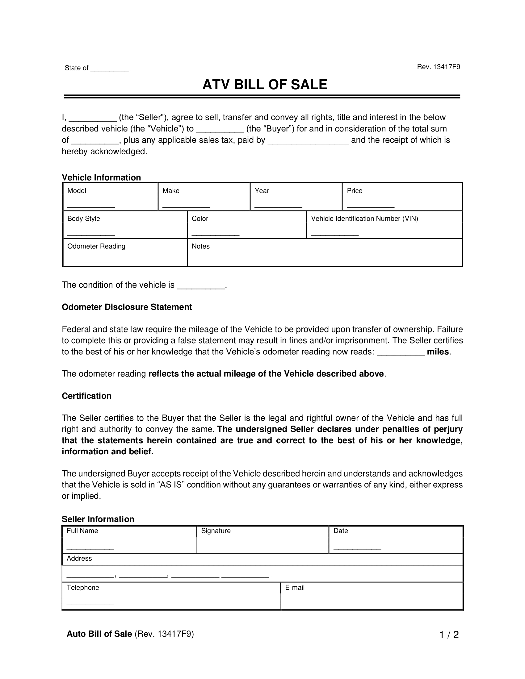 Free All-Terrain Vehicle (Atv) Bill Of Sale Form| Pdf &amp;amp; Word for Free Printable Atv Bill of Sale