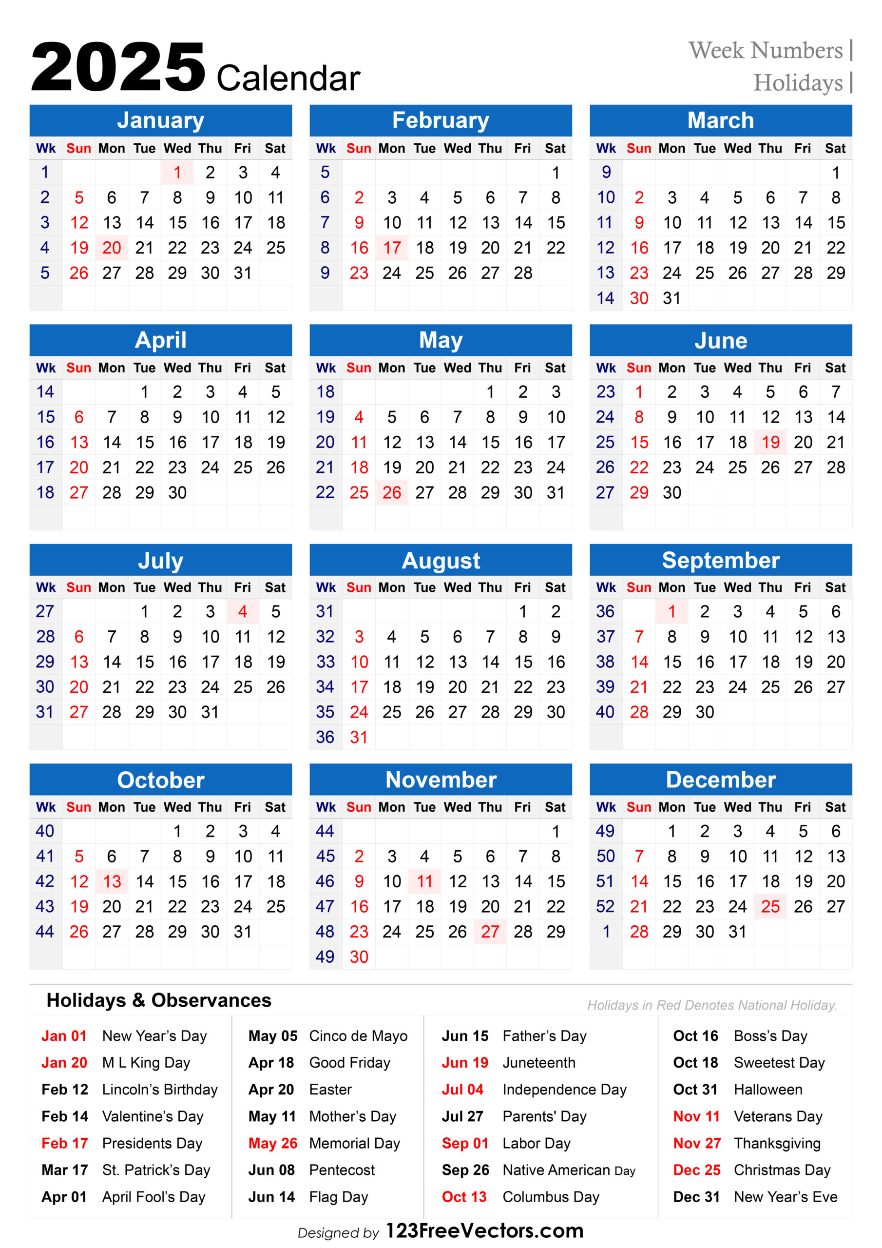 Free Download 2025 Holiday Calendar With Week Numbers intended for Free Printable 2025 Calendar With Week Numbers