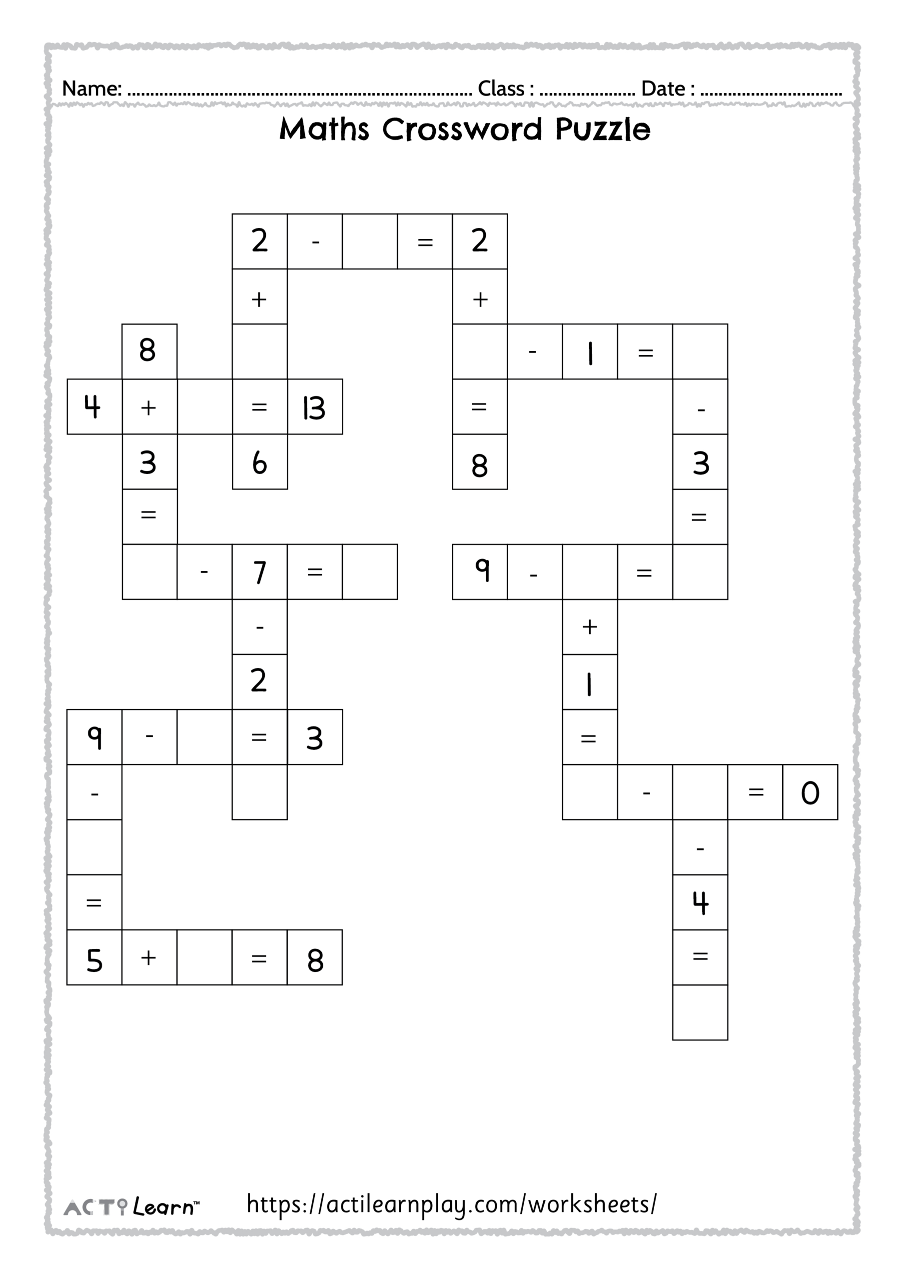 Free Math Crossword Puzzle | Addition &amp;amp; Subtraction For Kids for Printable Math Crossword