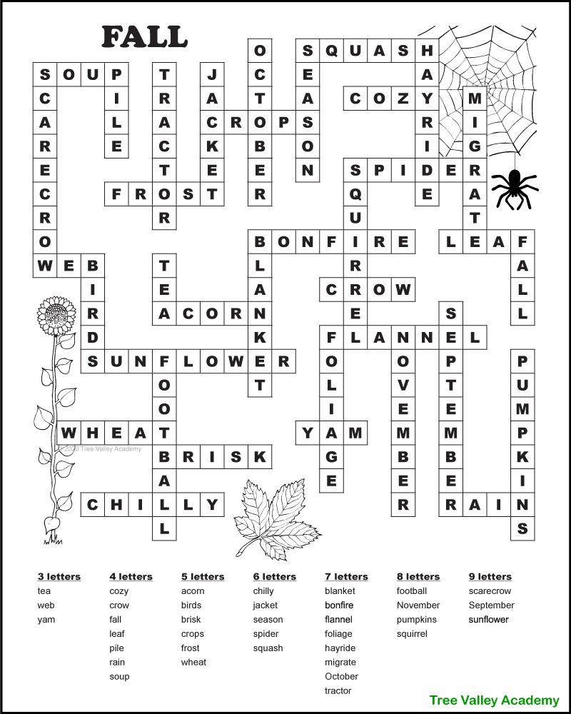 Free Printable Autumn / Fall Word Fill In Puzzles - Tree Valley intended for Printable Fall Crossword Puzzles