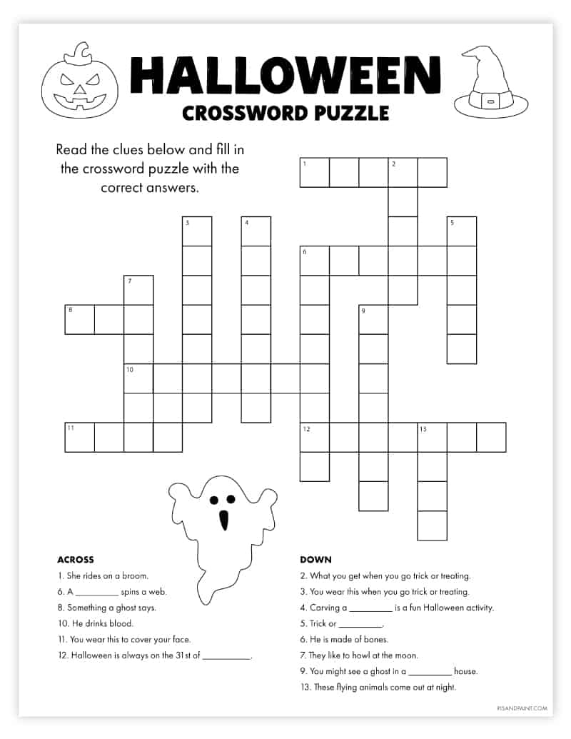 Free Printable Halloween Crossword Puzzle - Pjs And Paint for Halloween Crossword Puzzles Printable Free