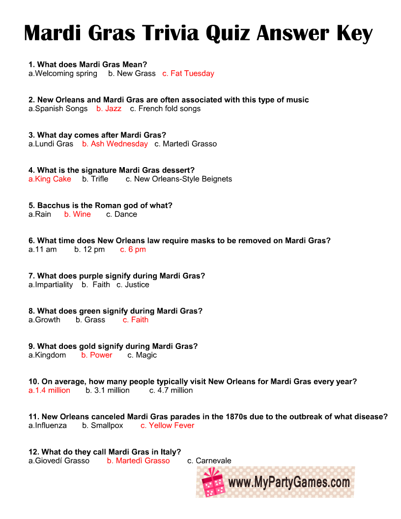 Free Printable Mardi Gras Trivia Quiz With Answer Key pertaining to Free Printable Mardi Gras Trivia Questions And Answers