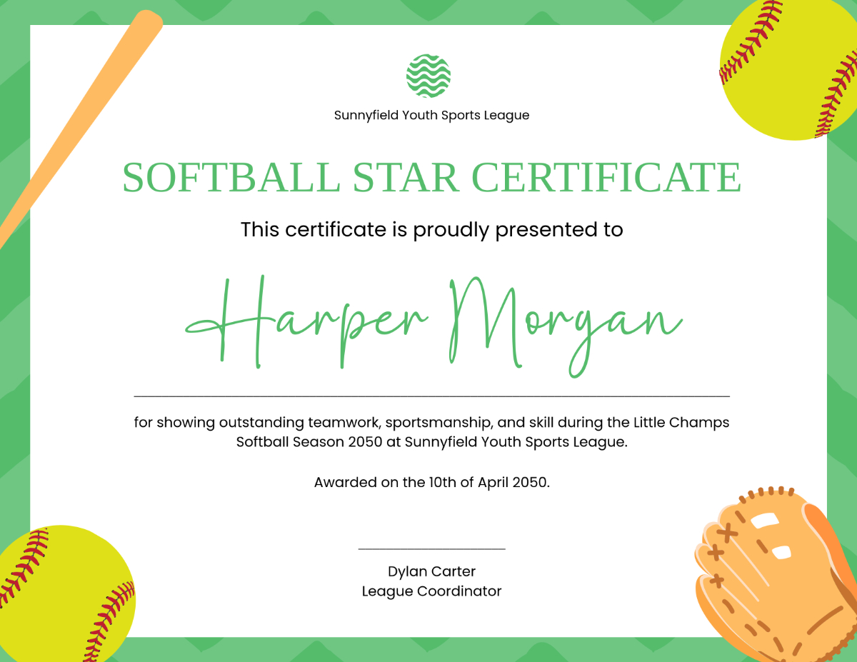 Free Softball Certificate For Kids Template To Edit Online with regard to Free Printable Softball Certificate Template Free