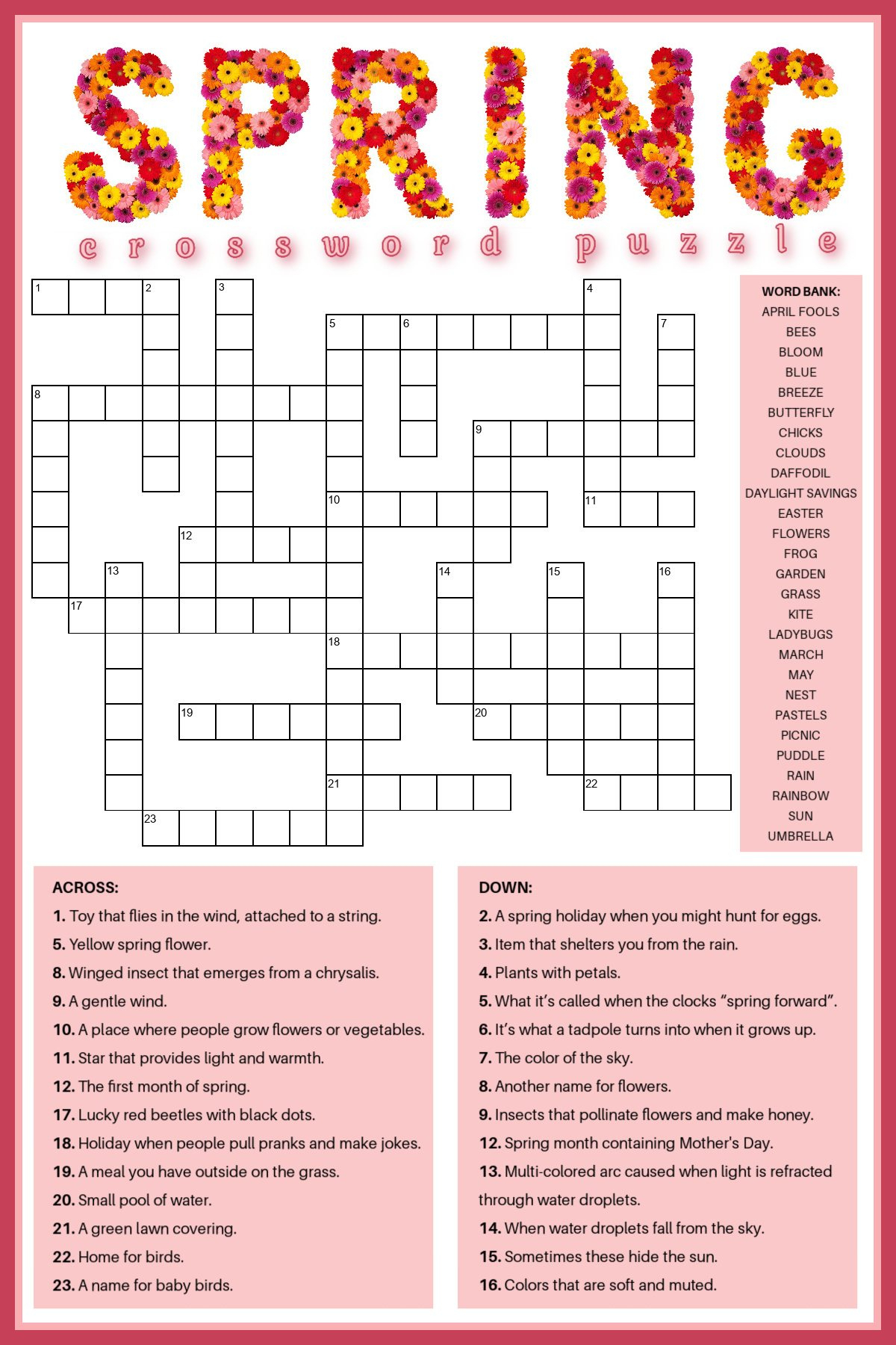 Free Spring Crossword Puzzle Printable - Answer Key Included intended for Printable Spring Crossword Puzzles