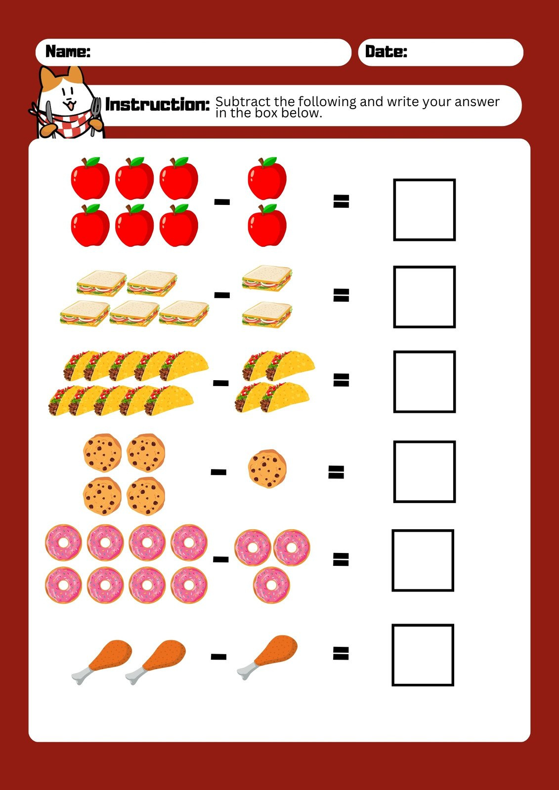 Free Subtraction Worksheet Templates To Edit And Print | Canva intended for Basic Subtraction With Pictures Worksheet
