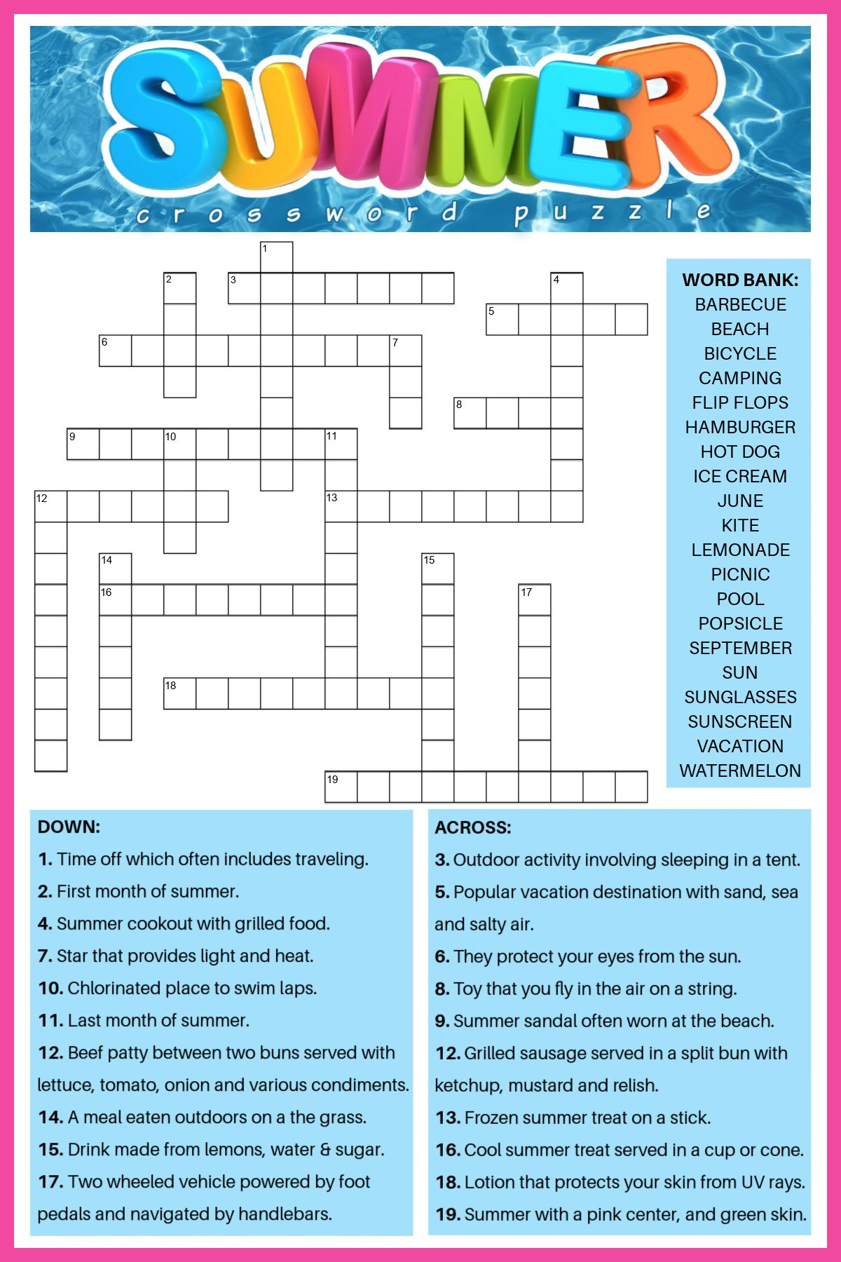 Free Summer Crossword Puzzle (2 Versions) - Answers Included with regard to Summer Crossword Puzzle Free Printable