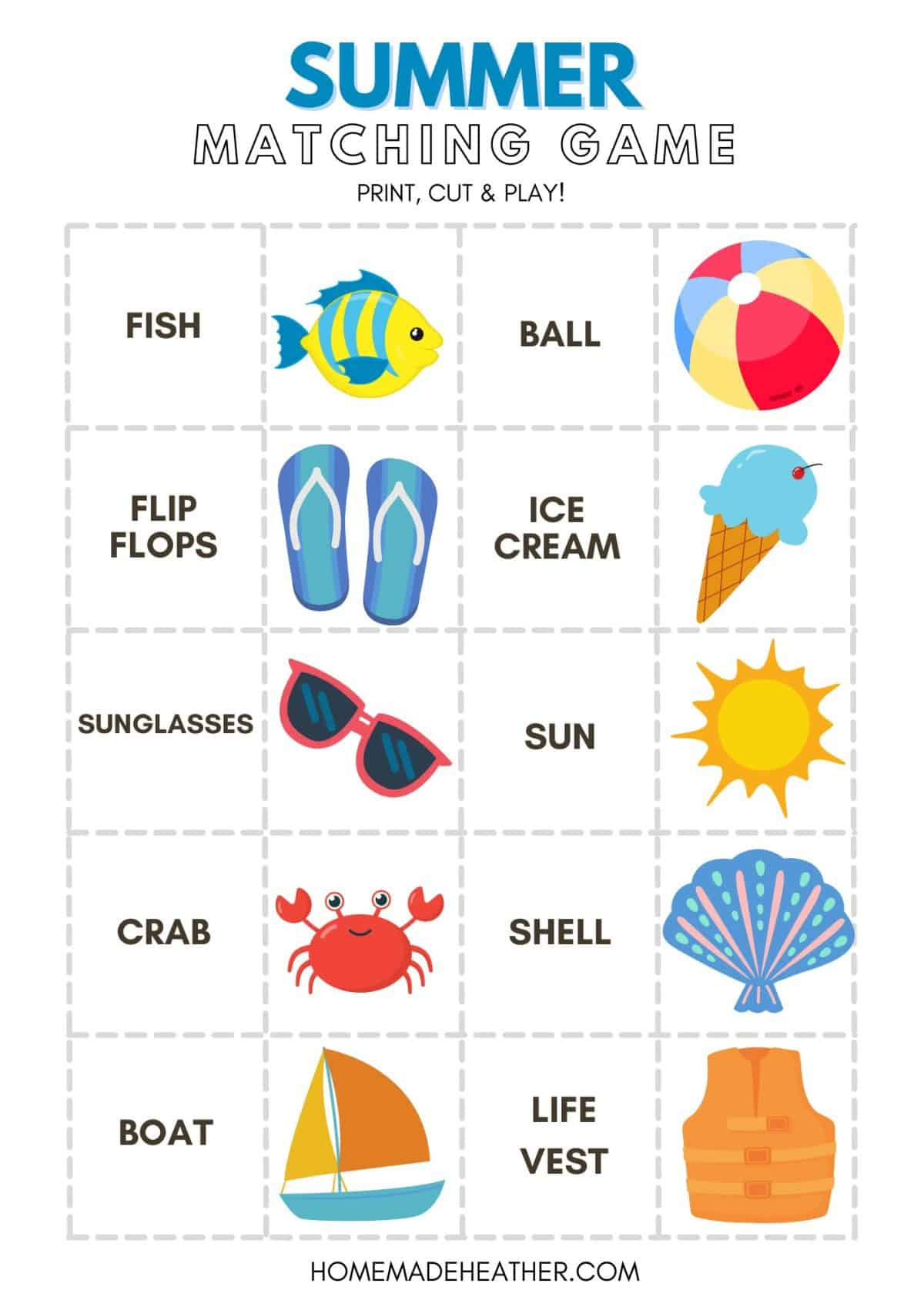 Free Summer Matching Game Printable » Homemade Heather with regard to Matching Games Printable Free