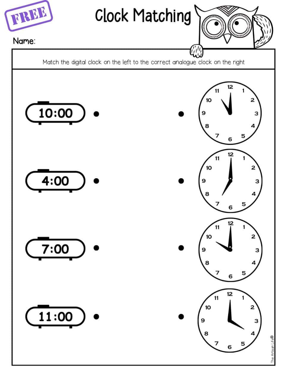Free Telling Time First Grade Worksheets - The Artisan Life inside Printable Matching Clocks Worksheet