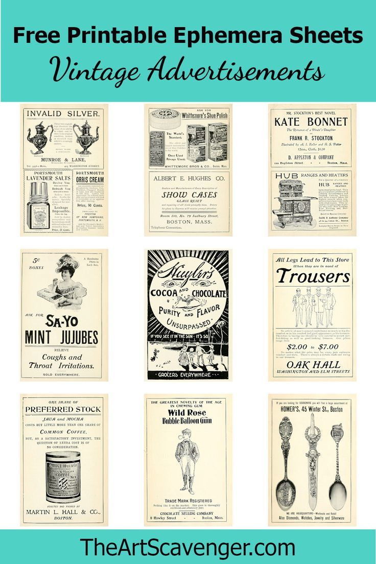 Free Vintage Advertisements Ephemera Sheet with regard to Free Vintage Ephemera Printables