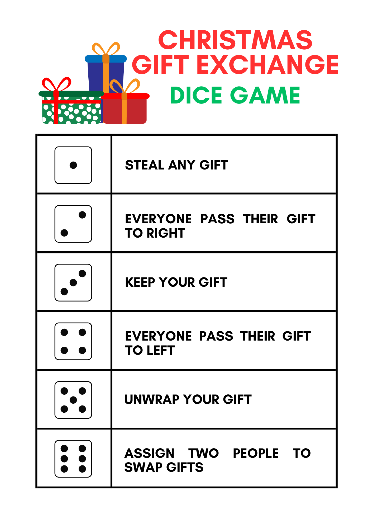 Free White Elephant Gift Exchange Dice Christmas Printable pertaining to White Elephant Dice Game Free Printable