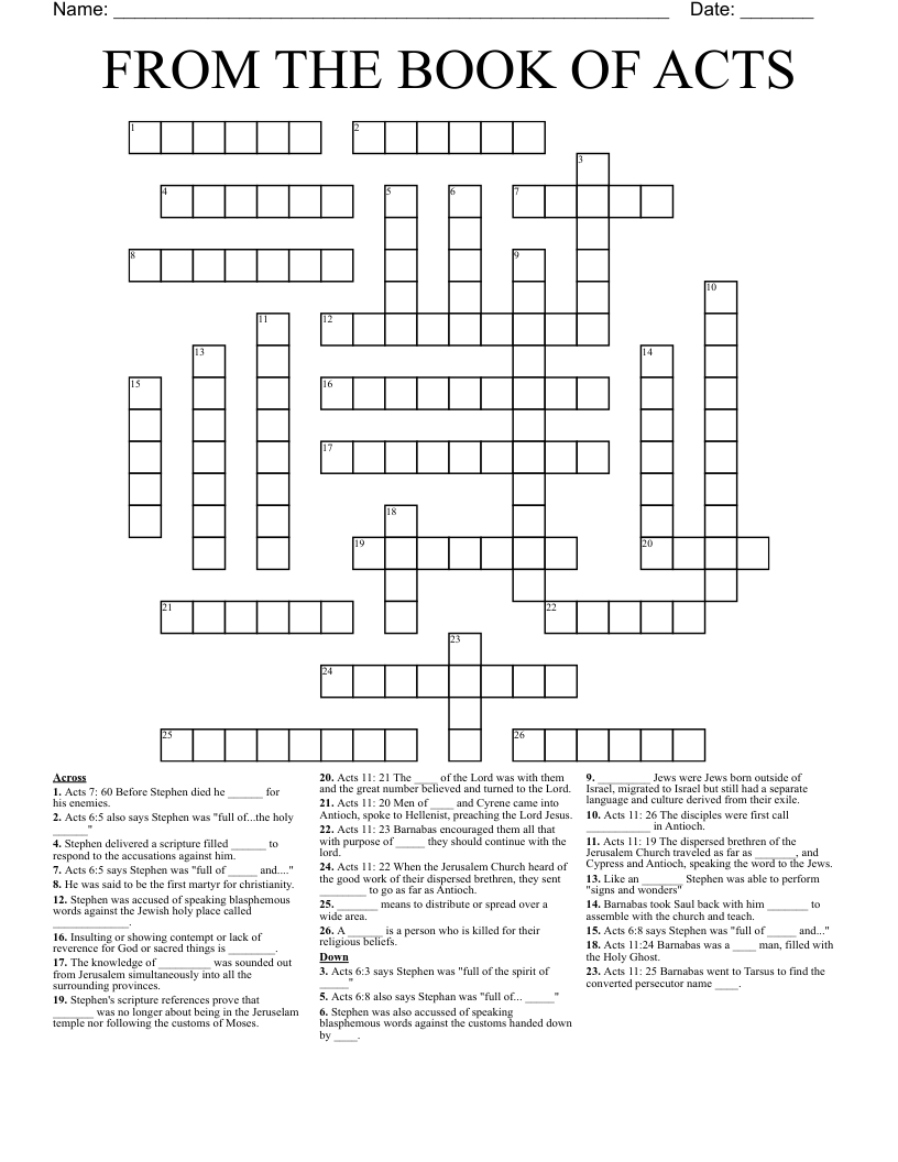 From The Book Of Acts Crossword - Wordmint throughout Printable Bible Crossword Puzzles With Scripture References