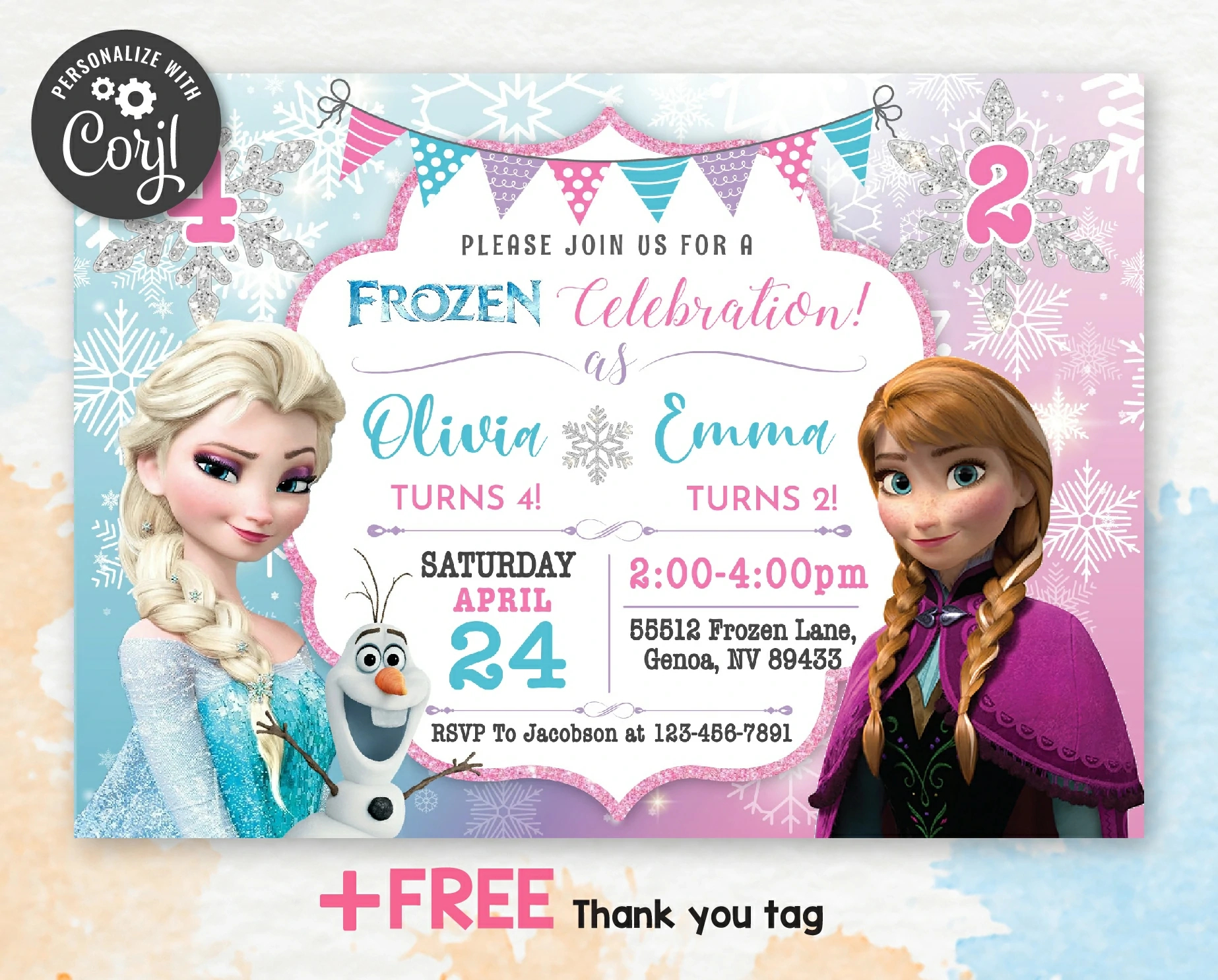 Frozen Birthday Party Invitation | Free Thank You Tag | Editable | Printable | Instant Download - Amazinginvite for Free Frozen Birthday Invitation Printables