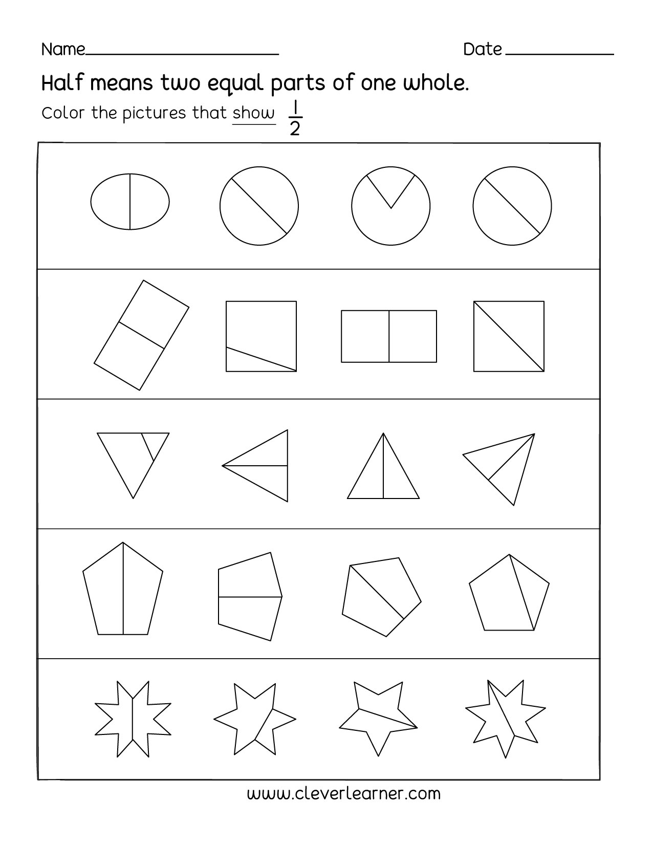 Fun Activity On Fractions, Half (1/2) Worksheets For Children intended for Halves Worksheet Grade 1 Printable