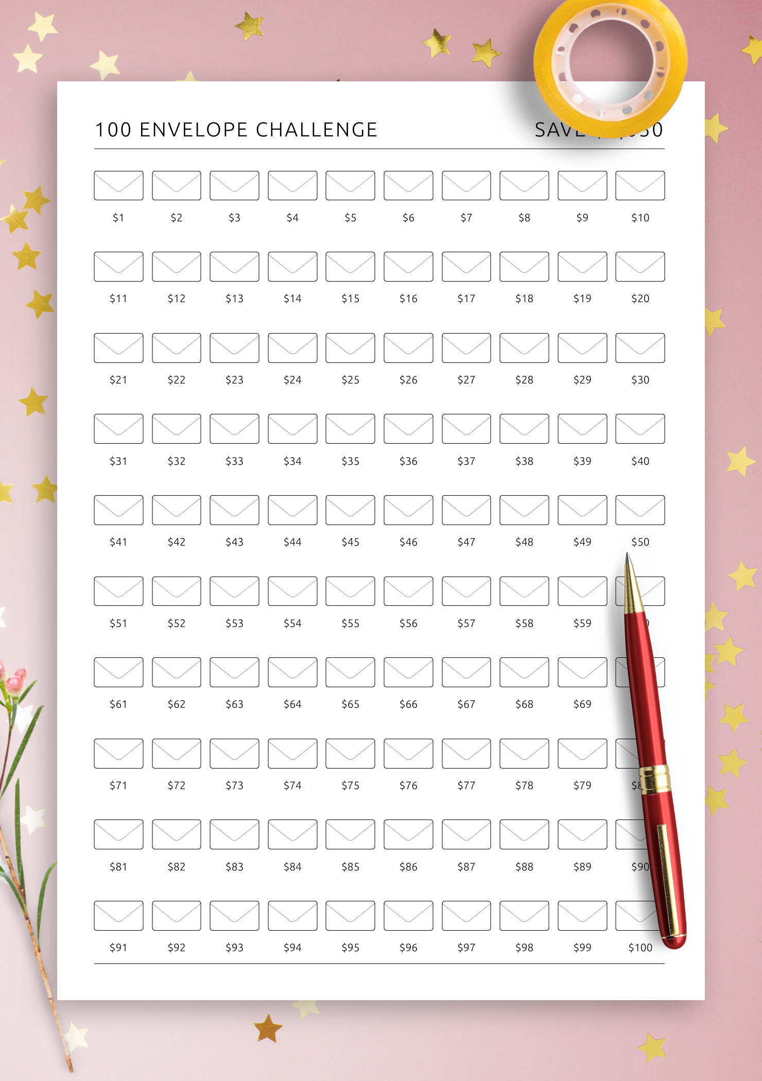Get 100 Envelope Challenge Template: Printable Or Digital Pdf For intended for 100 Envelope Challenge Tracker Free Printable