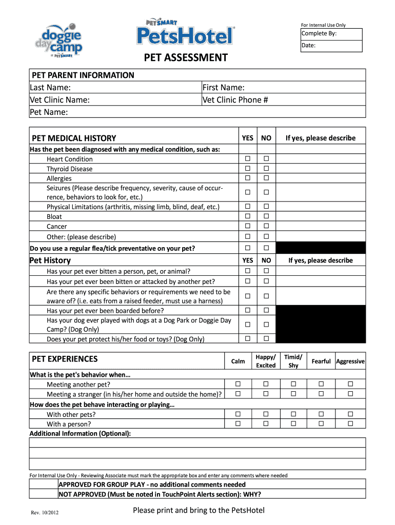 Get Pet Assessment Blank - Fill Online, Printable, Fillable, Blank within Printable Dog Behavior Assessment Form