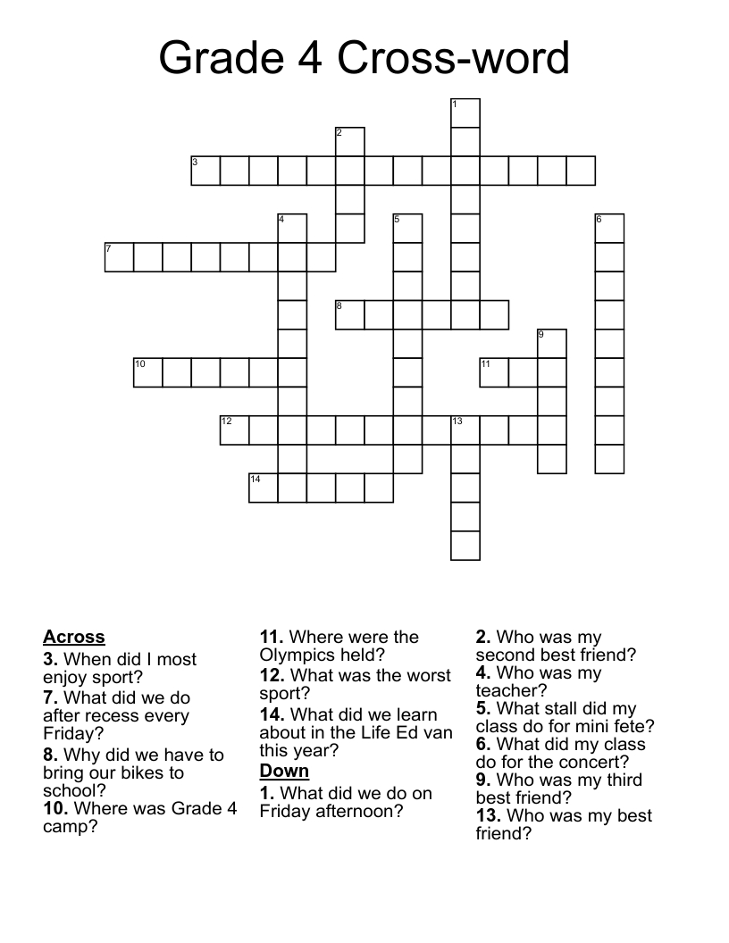 Grade 4 Cross-Word Crossword - Wordmint with regard to Printable Crossword Puzzles For 4Th Graders
