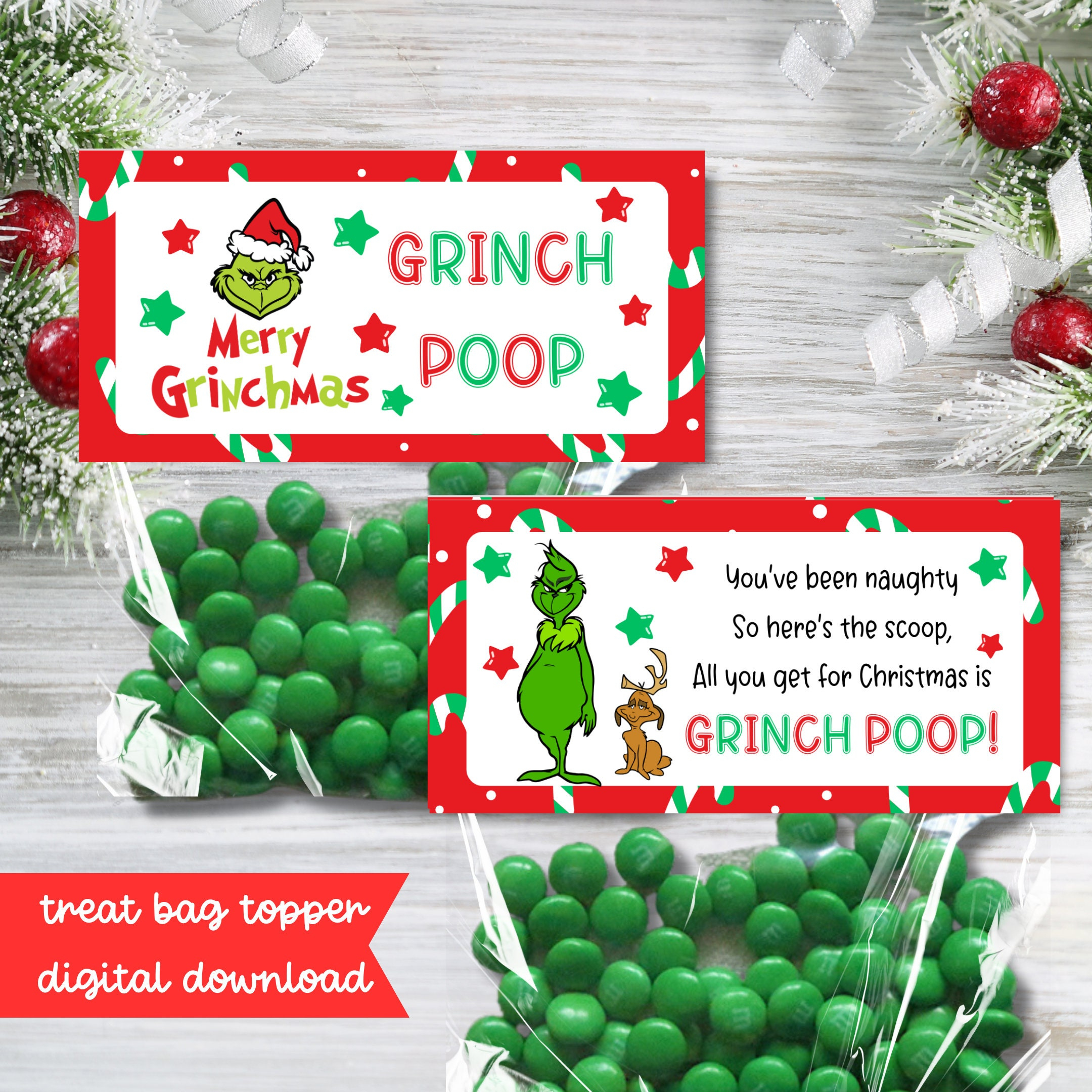 Grinch Poop Printable Treat Bag Topper - Christmas Candy Bag with Free Grinch Poop Printable Tag
