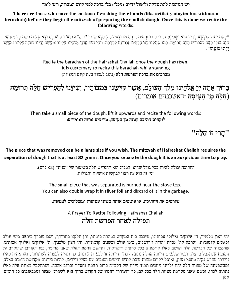 Hafrashat Challah – Ohel Sara with Printable Hafrashas Challah Bracha