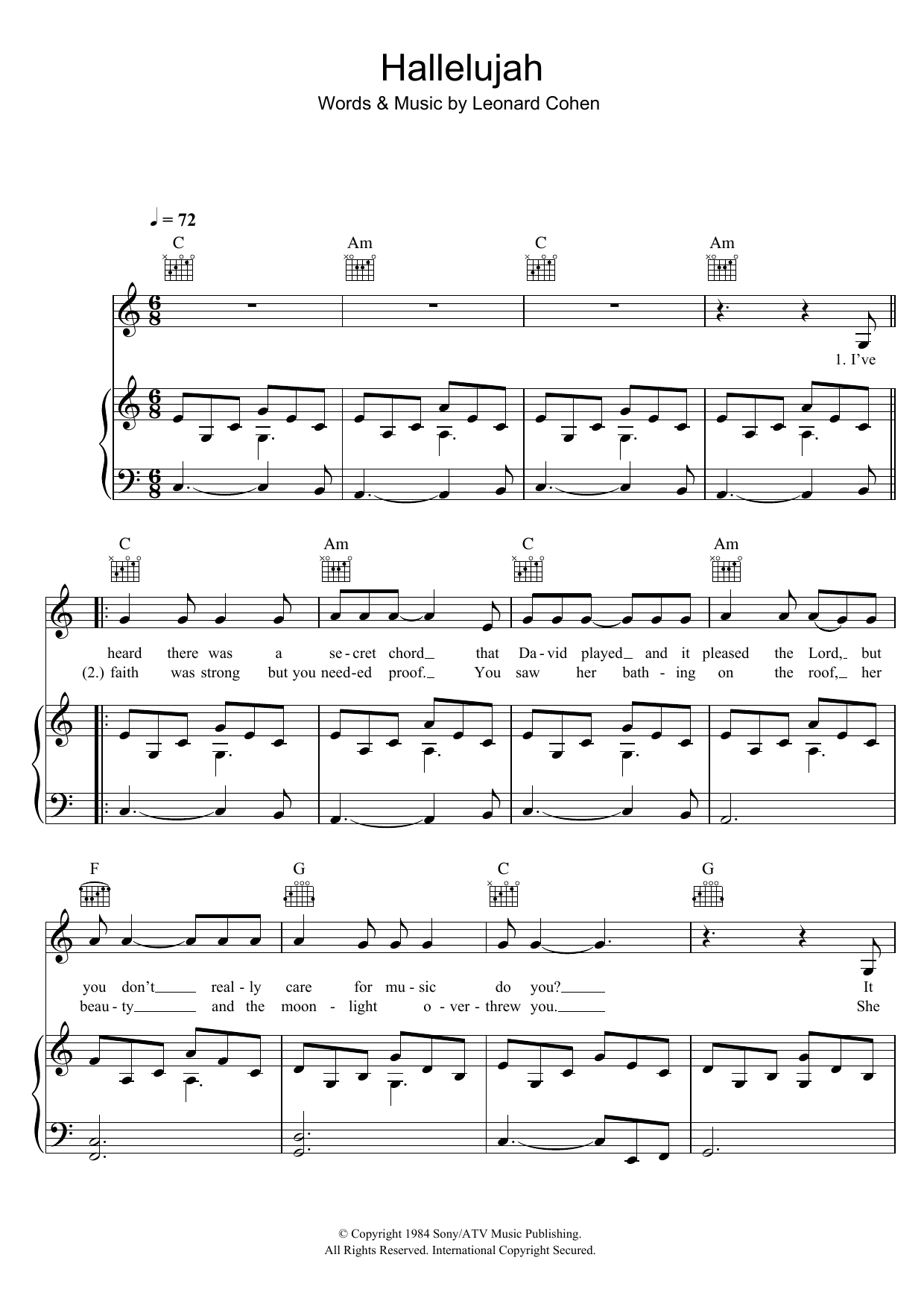 Hallelujah Sheet Musicjohn Cale For Piano/Keyboard And Voice regarding Hallelujah Sheet Music For Piano Free Printable