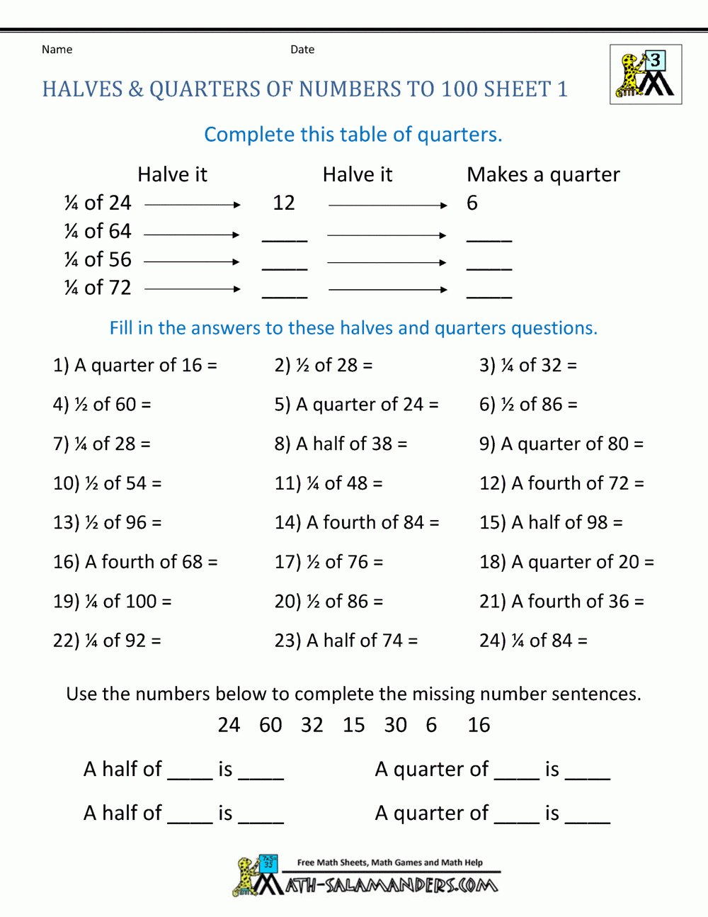 Halves And Quarters Up To 100 inside Class 4 Maths Halves and Quarters Worksheet
