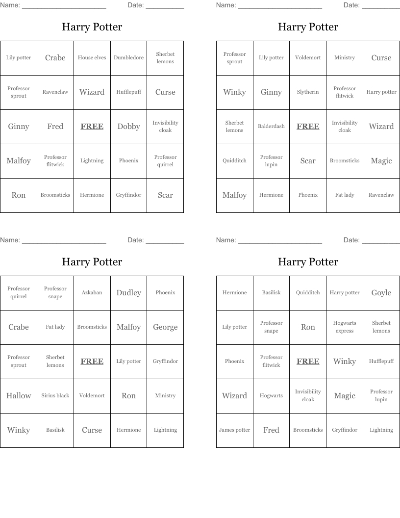 Harry Potter Bingo Cards - Wordmint with Harry Potter Bingo Card