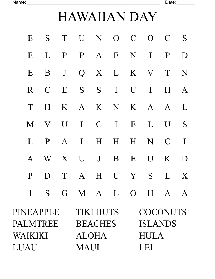 Hawaiian Day Word Search - Wordmint in Hawaiian Word Search Printable