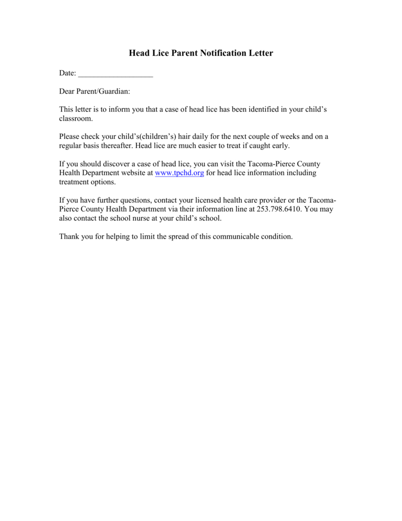 Head Lice Parent Notification Letter with Printable Head Lice Notice To Parents