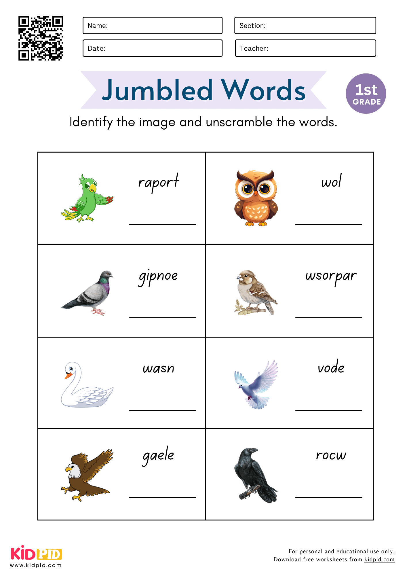 Jumbled Birds Words Worksheet For Grade 1 - Kidpid regarding Vocabulary Printable Worksheets For Grade 1