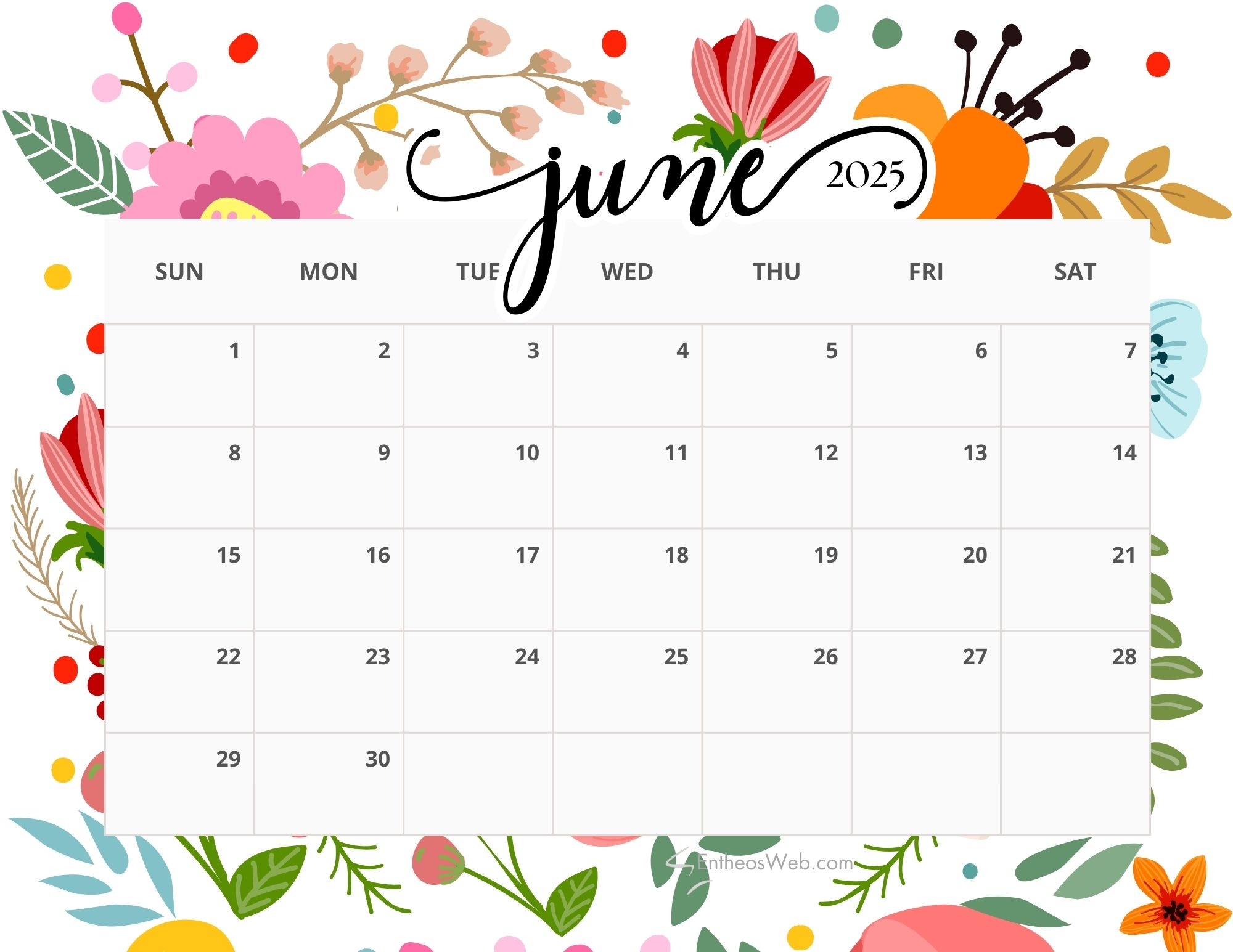 June 2025 Calendar Printables | Entheosweb within Free Printable June 2025