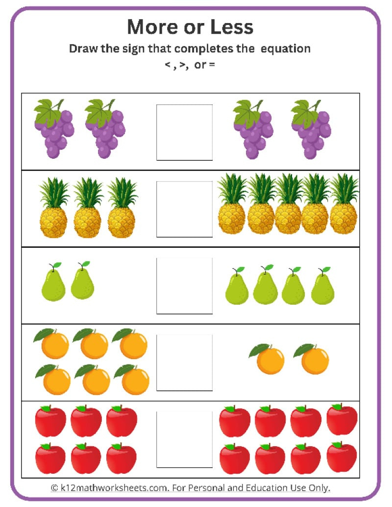 Kindergarten Comparing Numbers Worksheets with regard to Kindergarten More Or Less Worksheets