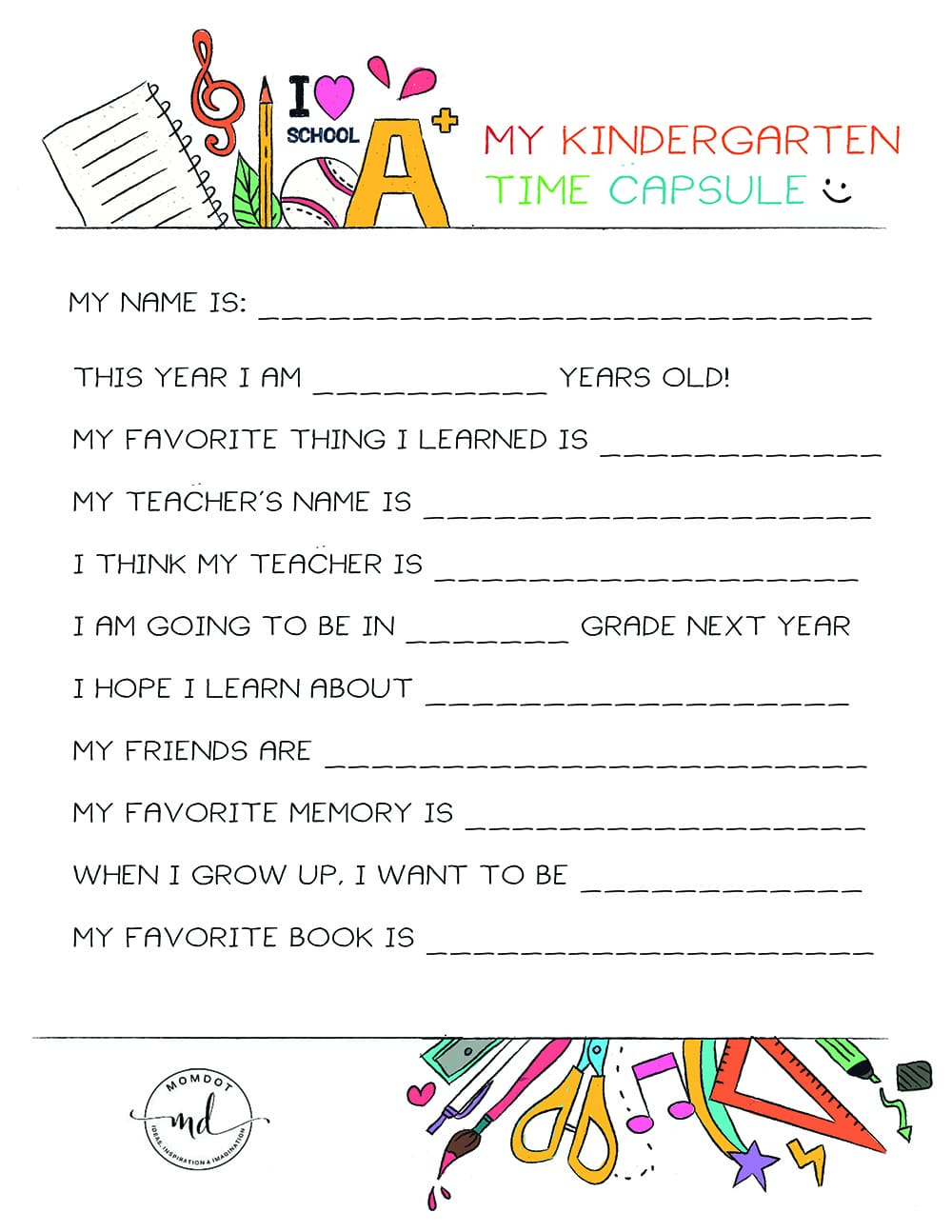 Kindergarten Time Capsule Free Printable - Momdot with regard to Time Capsule Printable Free